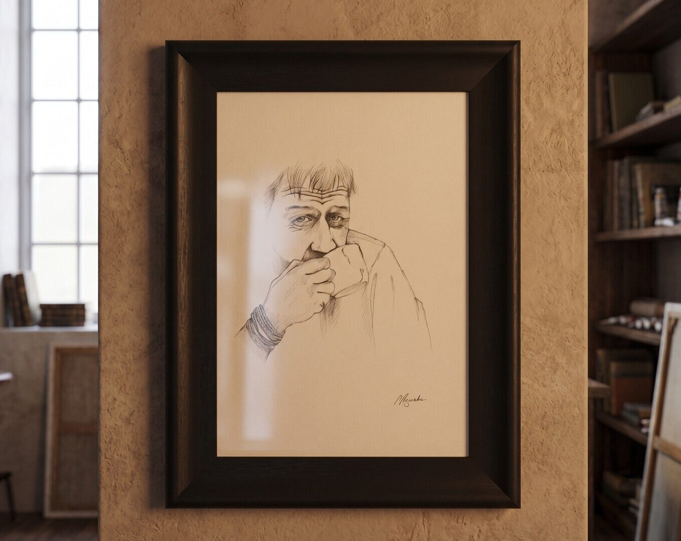 A framed pencil portrait displayed in a room.