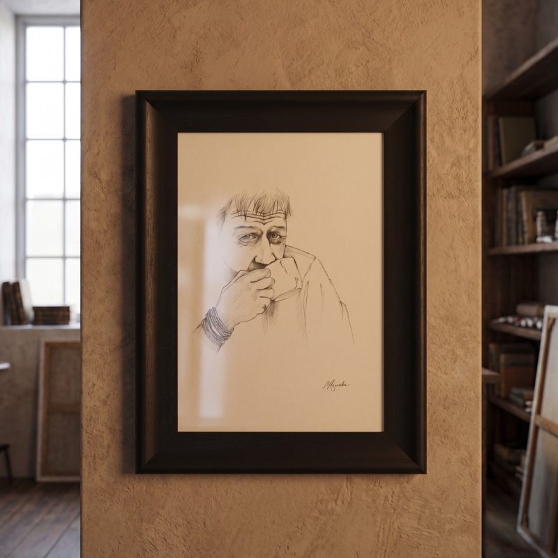 A framed pencil drawing of a man drinking from a cup.