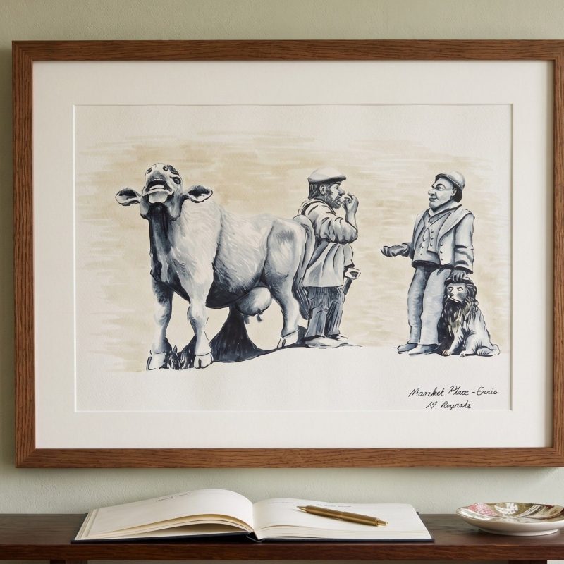 A framed monochrome drawing of two men standing beside a cow.